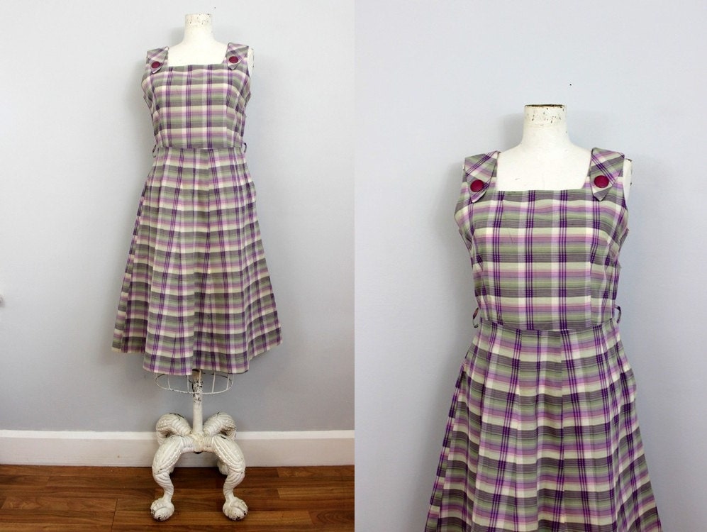 1940s 50s lavender plaid jumper sundress / bakelite buttons