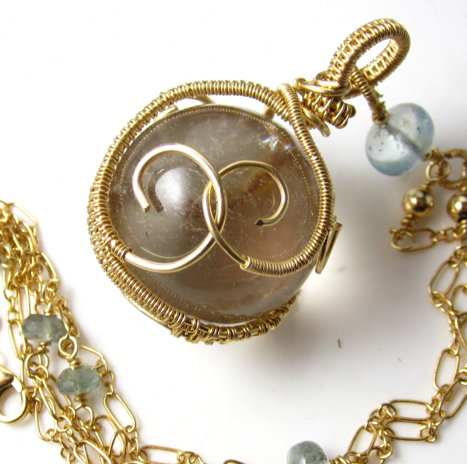 Golden Orb Necklace - Smokey Quartz Orb, 14k Gold Fill, and Aquamarine