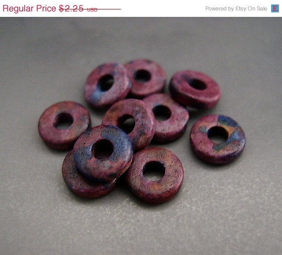 SALE Mykonos Greek Ceramic Beads (10) - Bright Monet - Donuts Roundels Rondelles Spacers - 8mm
