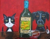 Cat and Dog with Spilled Wine - 8x10 Original Painting on Canvas with 3d Paw Print