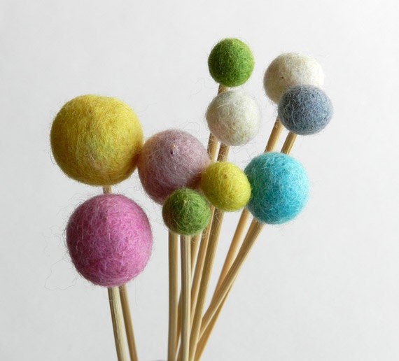 Felt Pom Pom Flowers for Your Easter Table - Pastel Colors That Celebrate the Coming of Spring - With Extra Sweet Cake Toppers
