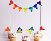 Cake Topper, Cake Bunting - for Wedding Cake, Birthday Party, Mini Bunting - Handmade with Rainbow Color Kite Paper and Wool Felt Set