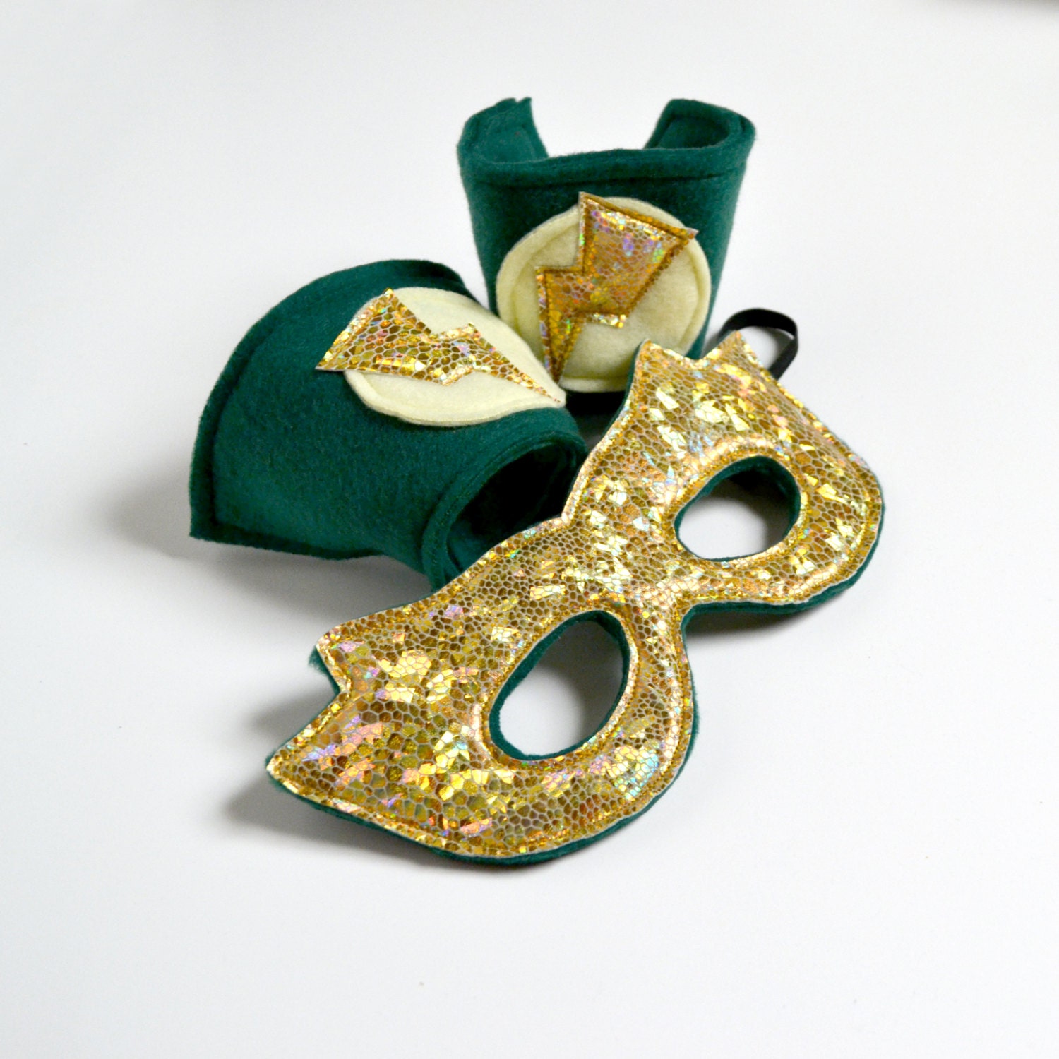 Super Hero Mask and Cuff Set -  Green and Gold (WOW031113-3) - worldofwhimm
