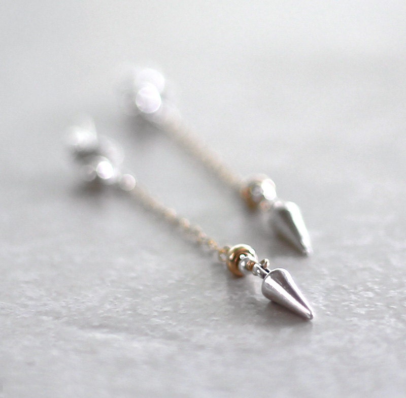 Petite Drop Mixed Metals Pendulum Earrings Sterling Silver Post 14K Goldfill Chain