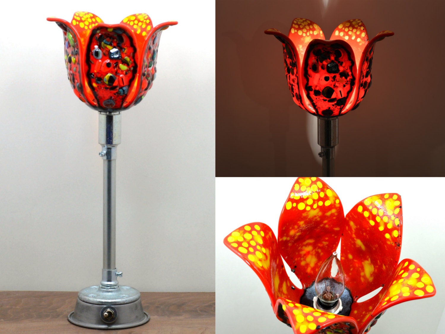 Modern Art Glass Lamp / Table Lamp / Accent Lamp / Fused Glass / Stained Glass  - Red Tulip Flower