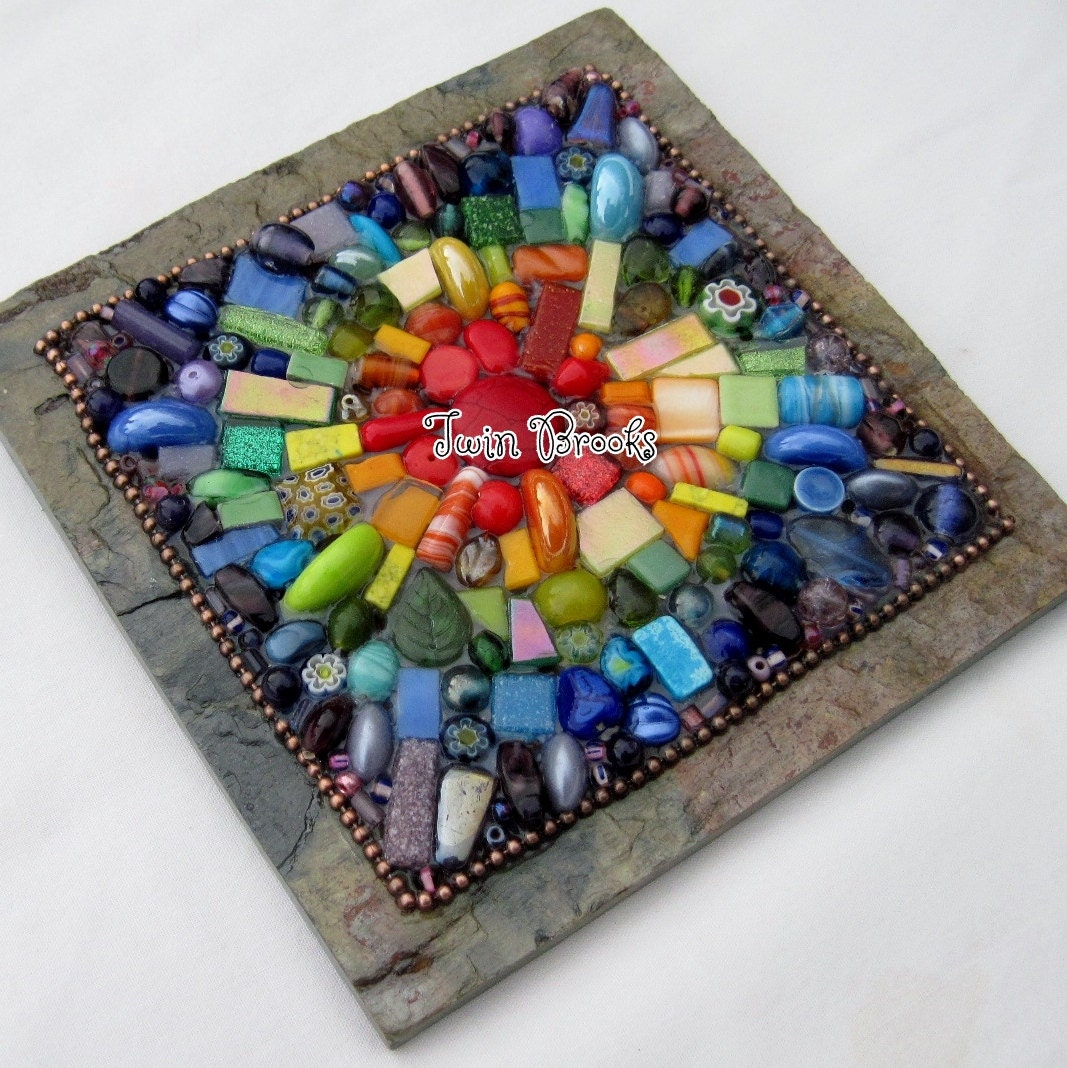 Bright Rainbow Burst Mixed Media Mosaic on Slate
