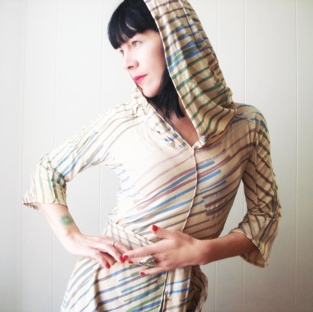 Till We Meet Again - iheartfink Handmade Hand Printed Muted Diagonal Stripes Womens Artistic Hooded Day Dress