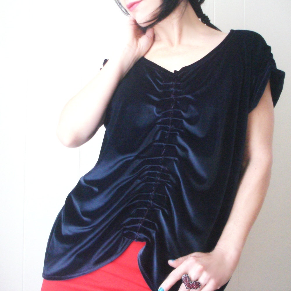 Behind the Scenes - iheartfink Handmade Solid Navy Blue Velvet Structured Artistic Oversized Blouse Top