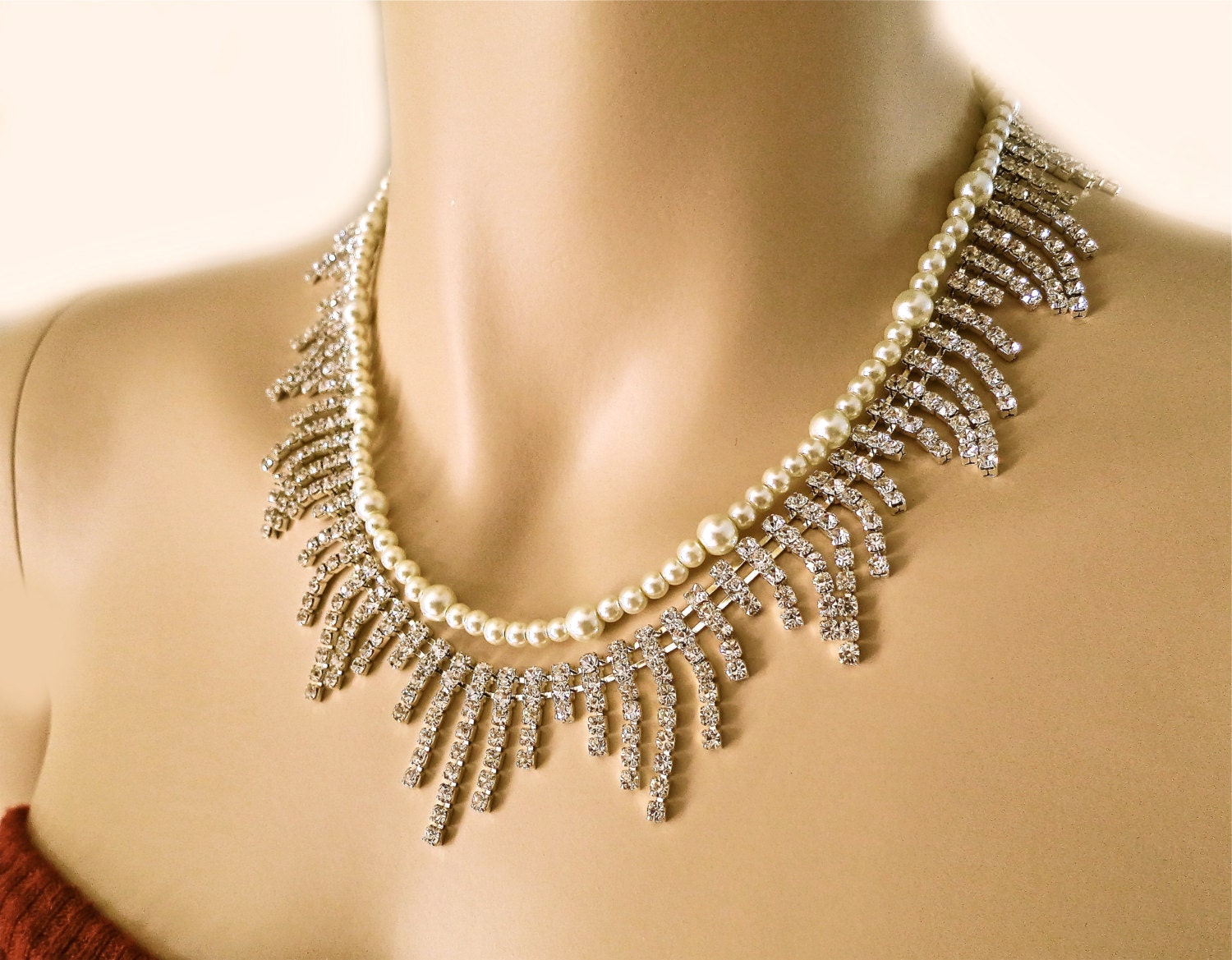 Rhinestone Wedding  Necklace with Ivory Pearls, Statement Bridal Necklace, Vintage Wedding Jewelry, Rhinestone Necklace