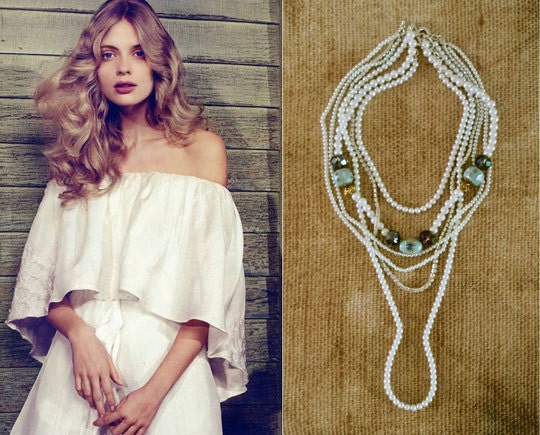 Wedding Pearl Necklace, Layered Pearl Necklace, Rhinestone Indian Blue Gold White Pearl Bridal Jewelry, Wedding Jewelry, Special Occasion