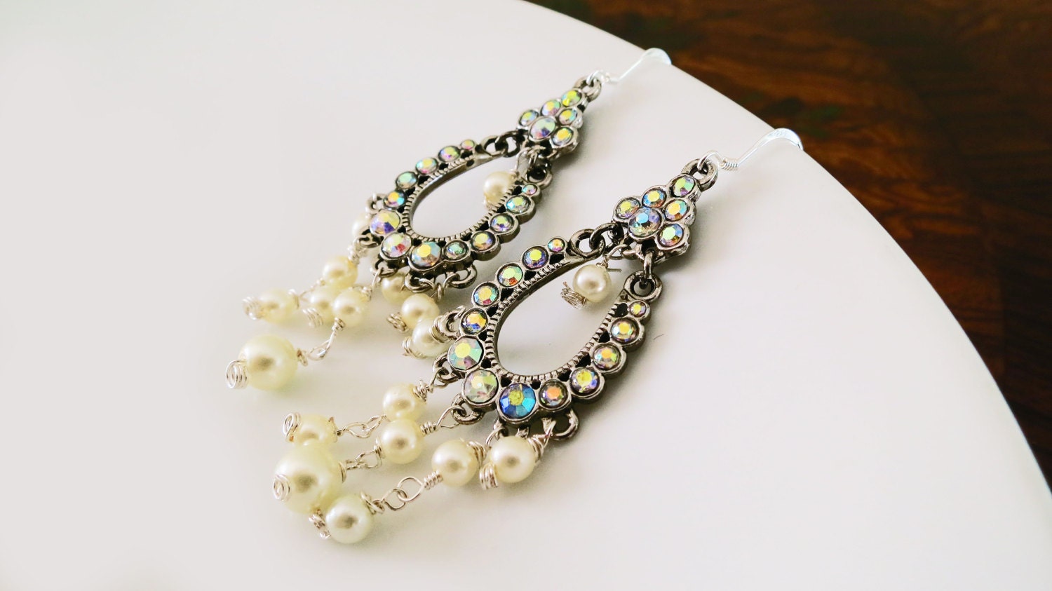 Victorian Style Chandelier Bridal Earrings, Vintage Style  Statement Wedding Earrings, Crystal Pearl Wedding Earrings, Sterling Silver
