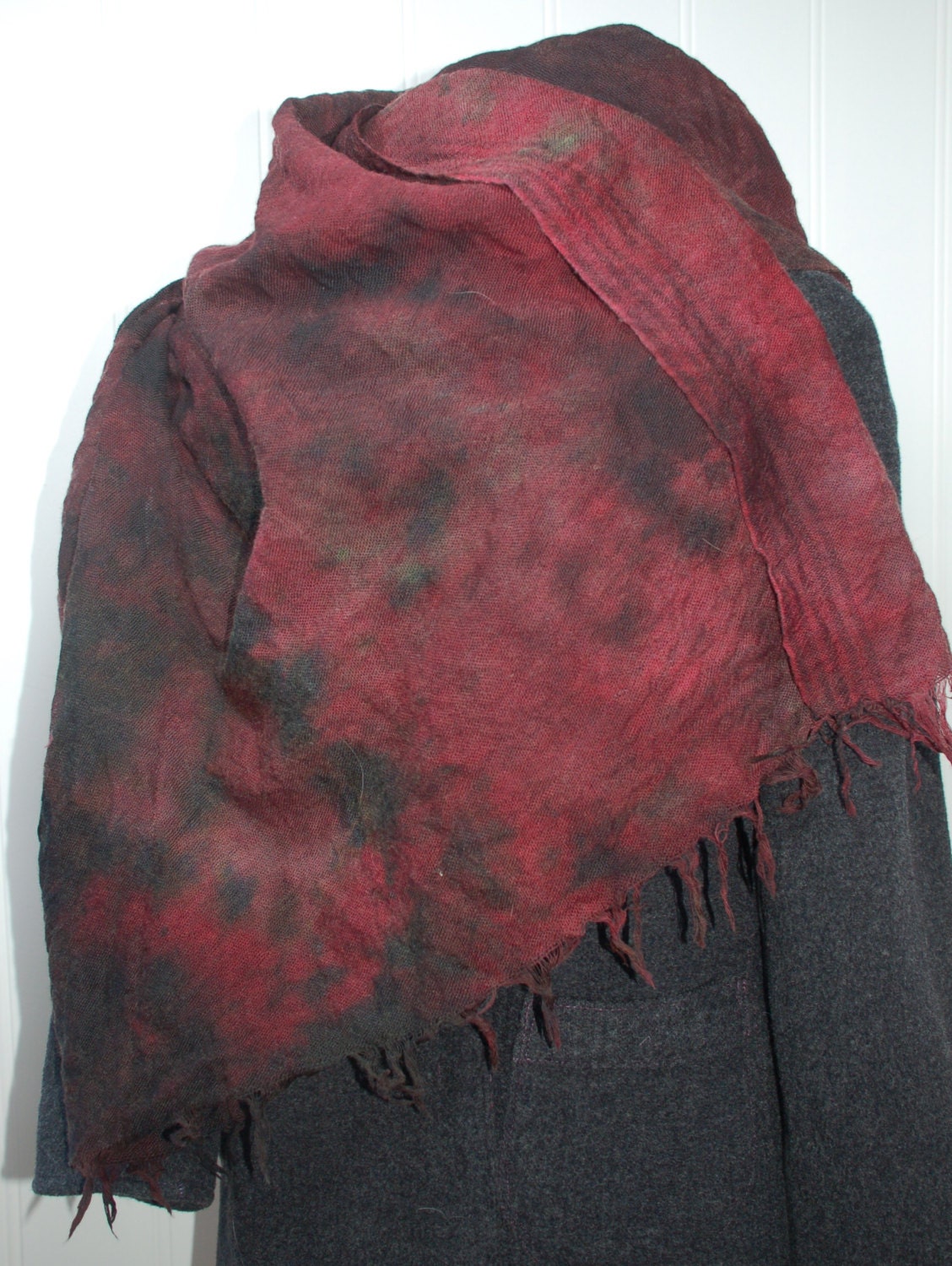 Pine green wine red hand dyed wool shawl with a hint of yellow.