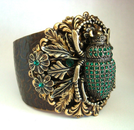 Bracelet Cuff, RHINESTONE EGYPTIAN BEETLE, Emerald Green Jewels, Totally Custom and Unique, Exclusive Design