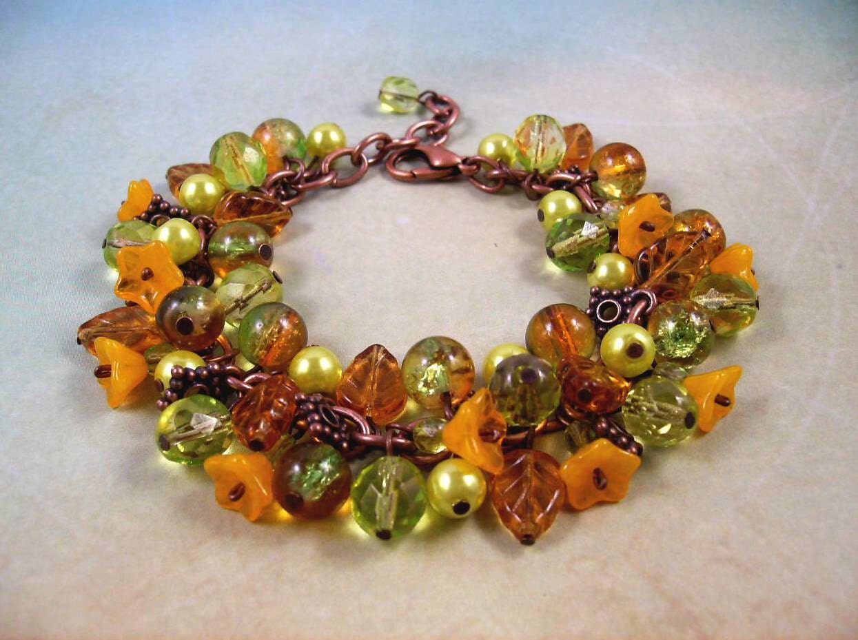 Flower Charm Bracelet, Sunrise Bouquet, Orange Amber and Green, Copper Charm Bracelet, Free Shipping U.S.