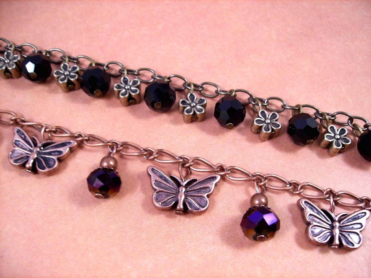 RESERVED for Rupas ONLY - Two Custom Charm Bracelets, Copper Butterfly and Brass Blossoms Bracelets, Free Shipping U.S.