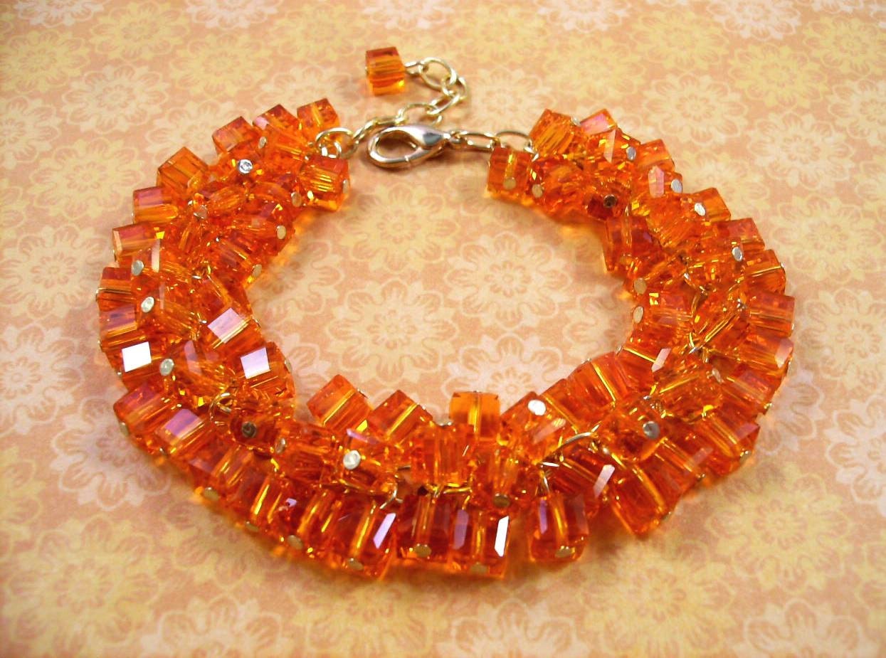 Cube Charm Bracelet, Bright Orange and Gold Cha-Cha Style Bracelet, FREE Shipping U.S.