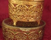 ON SALE TWO Vintage 24K Gold Filigree Glass Footed Jewerly Boxes