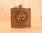 Leather and Stainless Steel Flask - 6oz -  Prep pattern with skull and crest