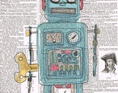 blue,Robot.child.Gift.Monster.Mechanical wind up,Vintage TOY.Repurposed,old school. Book Page Print / Home Deco.birthday.art.retro.dad