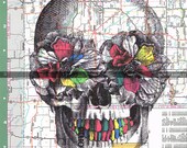 Skull,Map.Peonies.Flowers.Colourful.Collage.Atlas.Page Print,home/deco.affordable,art.Fathers day.mom.dad