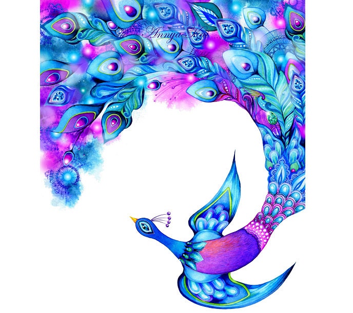 Peacock Feather Fantasy - Spring Watercolor Bird Wall Art - Turquoise Purple Teal Violet - NEW by Annya Kai