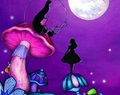 Alice in Wonderland with Caterpillar - Whimsical Colorful Fantasy Wall Art - Giclee Painting Print by Annya Kai