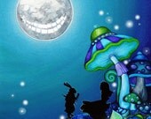 Alice in Wonderland - Cheshire Cat and White Rabbit - Girl Silhouette Dark Fantasy Painting
