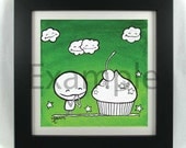 7 x 7 inch Deluxe Print of Green My Cupcake Rocky the Zombie with Clouds stars painting