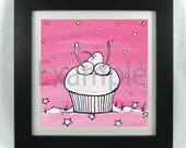 7 x 7 inch Deluxe Print of Pink Party Snow Cupcake Rocky the Zombie snowfall stars painting