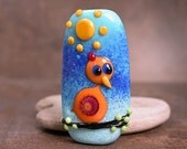 Lampwork Glass Focal Bead Folk Art Bird Tangerine Orange on Blue Divine Spark Designs SRA LeTeam