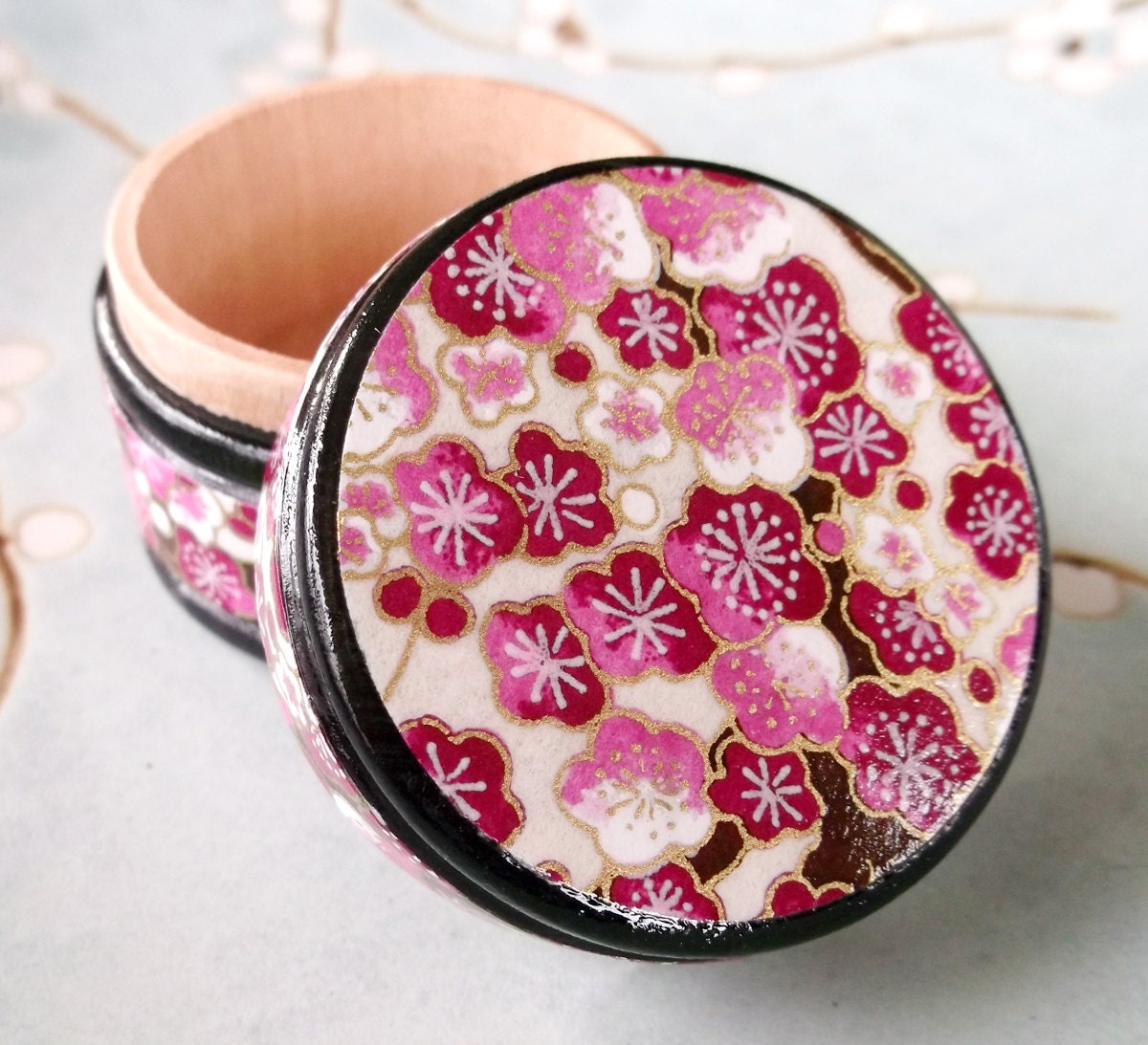 Keepsake Box Wood Japanese Chiyogami Washi Gift Box - Sakura Bloom in Violet