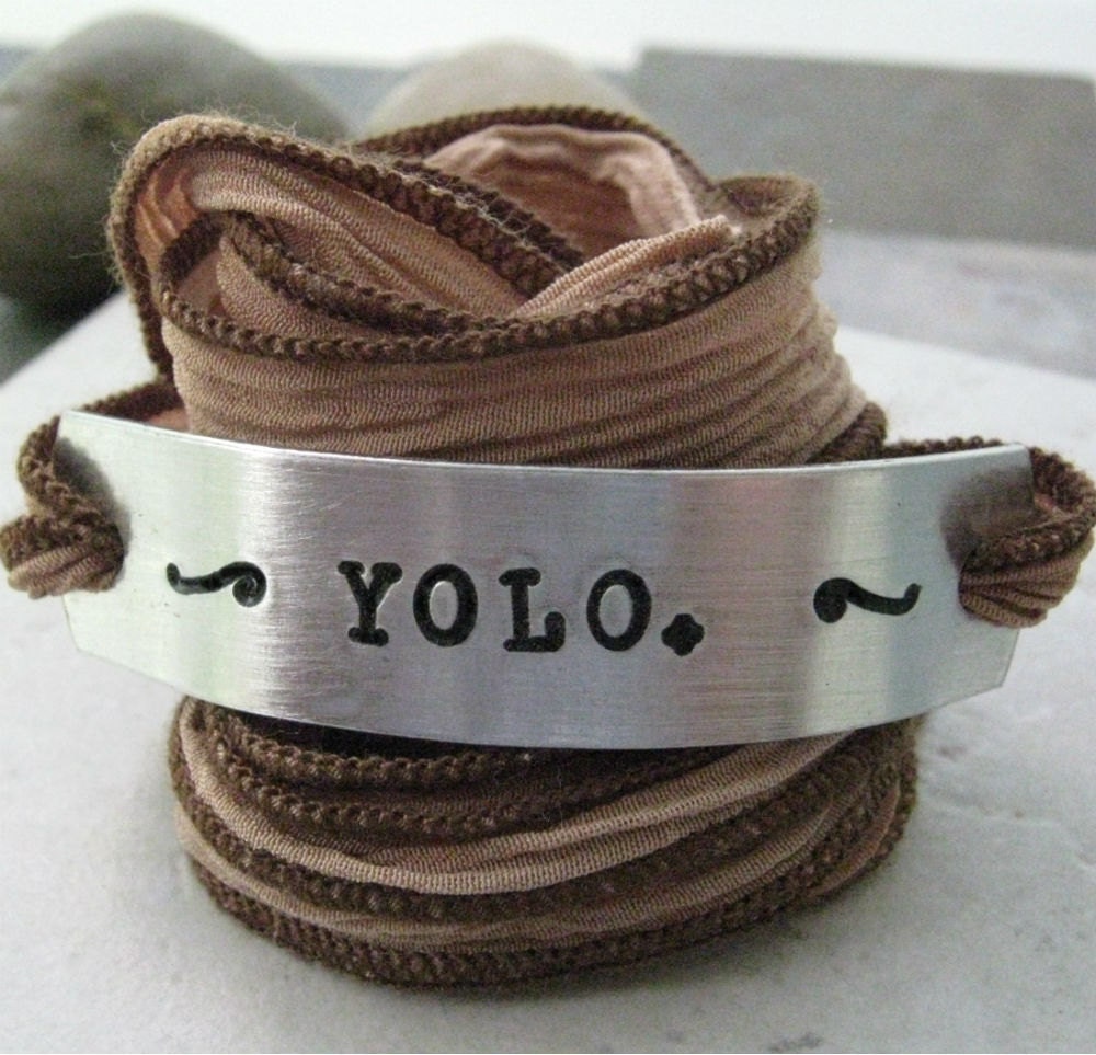 YOLO Bracelet, You Only Live Once, silk ribbon wrap, aluminum tag with hand dyed ribbon in shades of brown and tan