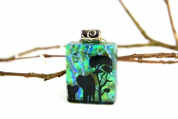 Elephant Necklace - Dichroic Glass Pendant - Baby Elephant Necklace - Fused Dichroic Glass Jewelry - Mother & Baby