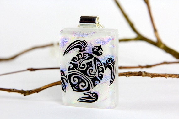 Sea Turtle Necklace- Kokopelli Turtle Pendant- Dichroic Glass Pendant- Fused Dichroic Glass Jewelry