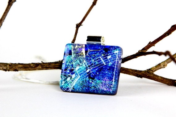 Cobalt Blue Dichroic Pendant - Music Notes - Fused Glass Jewelry - Dichroic Glass Necklace - Fused Glass
