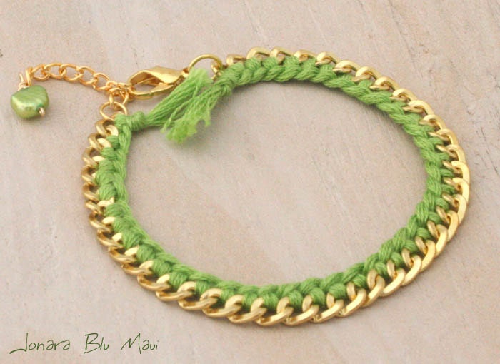Chain and Floss Woven Bracelet - Lime Green, Braided, Beachy Boho, Arm Party, Stackable