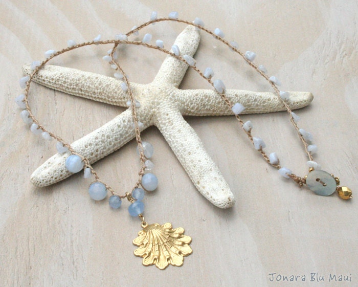Shabby Chic Beachy Crocheted Necklace with Victorian Brass Shell Pendant - Bohemian Layering Necklace