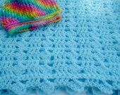 Crocheted Baby Afghan Receving Blanket Baby Blue With Beanie
