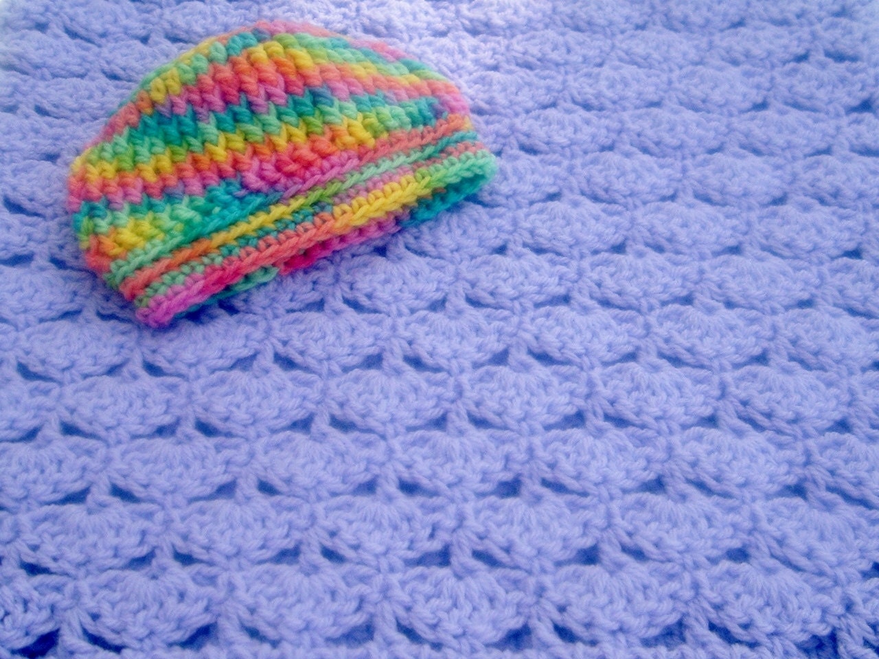 Crocheted Baby Afghan Receving Blanket Medium Lavender With Beanie