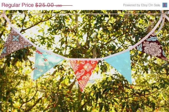 10% OFF Sale, Fabric Flag Bunting Decoration. 5 Large Flags, Ready To Ship. Aqua and Brown, Photo Prop, Nursery Decoration, Party Banner.