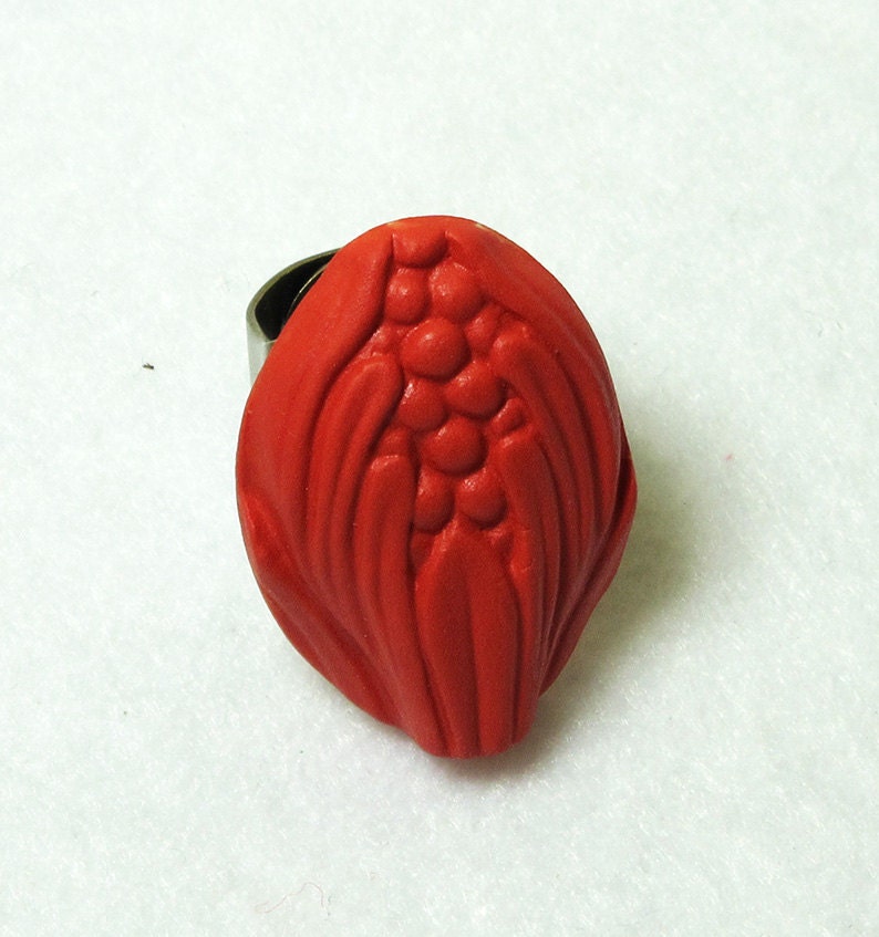 Handmade Ceramic Stoneware Abstract Bud Ring - Red