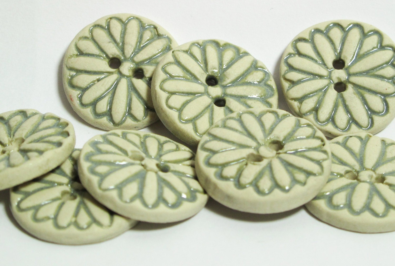 MINI Handmade Ceramic Stoneware Buttons - Flowers Pale Blue