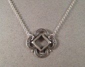 Art Deco Necklace, SIlver Plated Brass, Brass Pendant, Sterling Silver Chain Necklace, Antique Silver Diamond