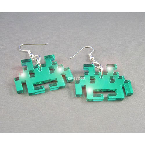 Mirror green space alien laser cut earrings
