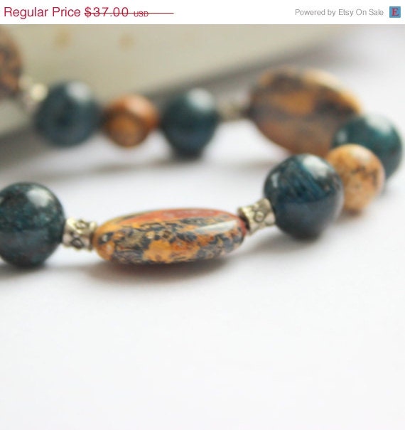 20% off sale Earthy teal apatite leopardskin jasper picture jasper silver bracelet