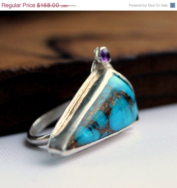 20% off sale Genuine turquoise ring sterling silver purple amethyst gemstone metalwork ring size 7 Art jewelry