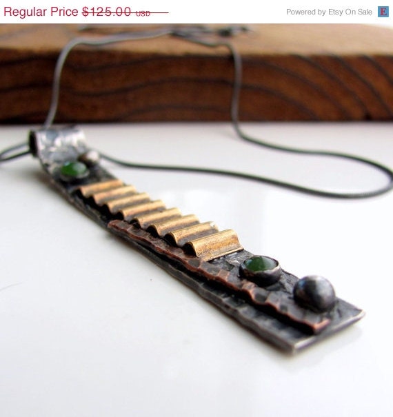 Memorial day sale 25% off Mixed metal statement necklace, sterling silver, brass, copper, green jade, rustic pendant, abstract one of a kin