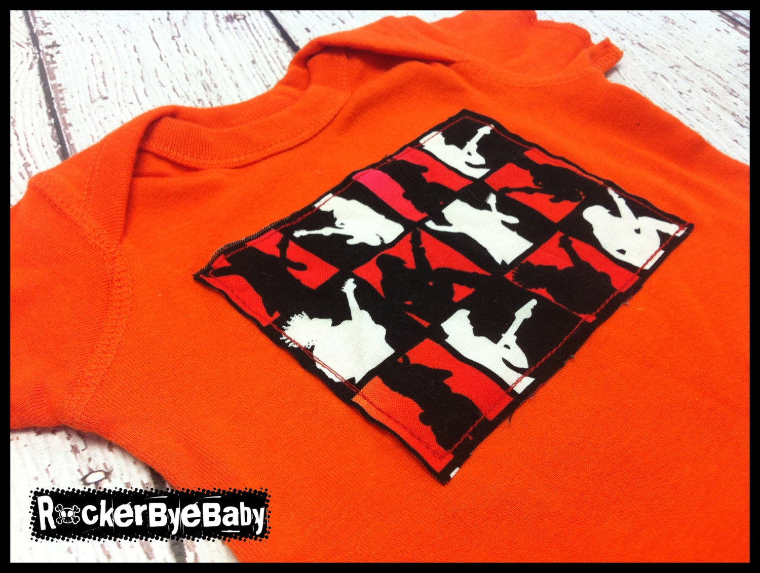 Custom Punk Rock Blocks Lap t-shirt guitar applique on Orange shirt girl boy unisex top size NB, 6m, 12m, 18m