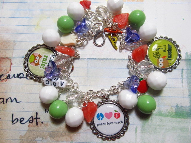 Teachers Rule,  handmade jewelry,  womens bracelet,  Altered Art Charm Bracelet    ooak   ebsq