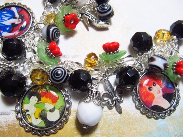 Vintage French Ads  Folies bergère   Altered Art Charm Bracelet    Handmade  One of a Kind